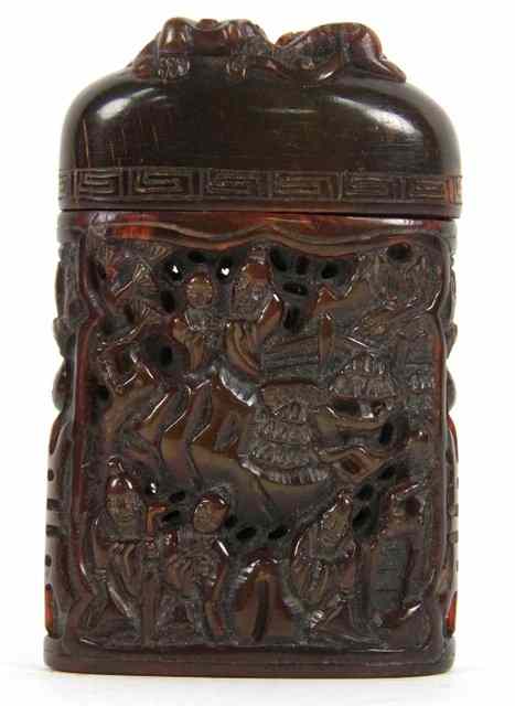 Appraisal: A Chinese carved horn case and cover carved decoration throughout