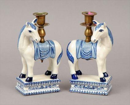 Appraisal: Pair of Chinese-Style Blue and White Porcelain and Brass Candlesticks