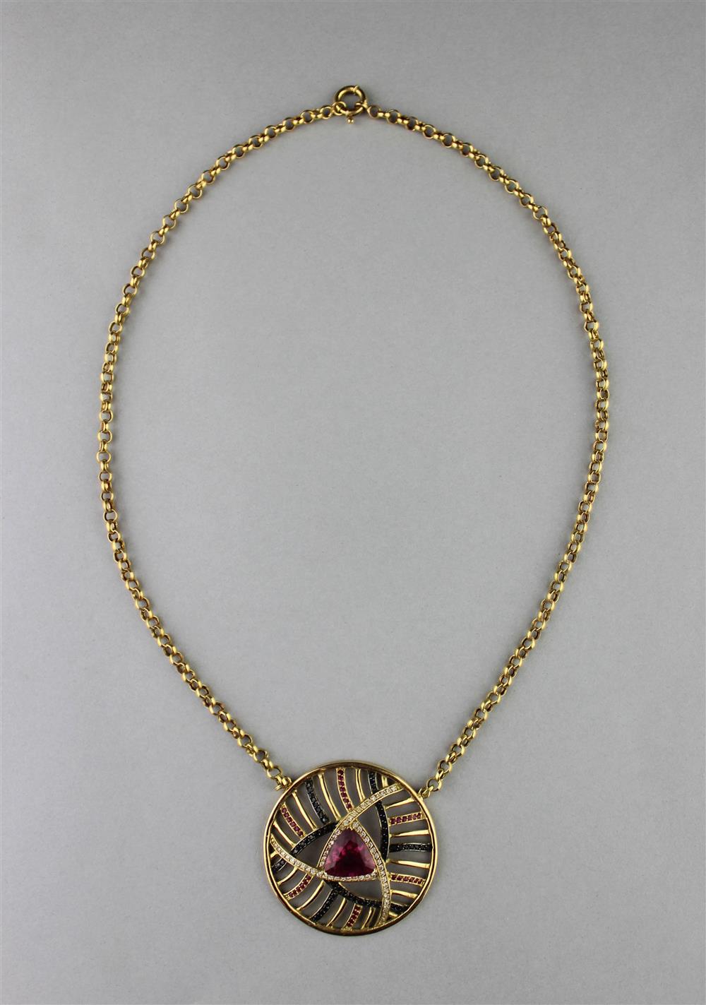 Appraisal: K GOLD NECKLACE WITH TOURMALINE DIAMOND RUBY AND SAPPHIRE MEDALLION