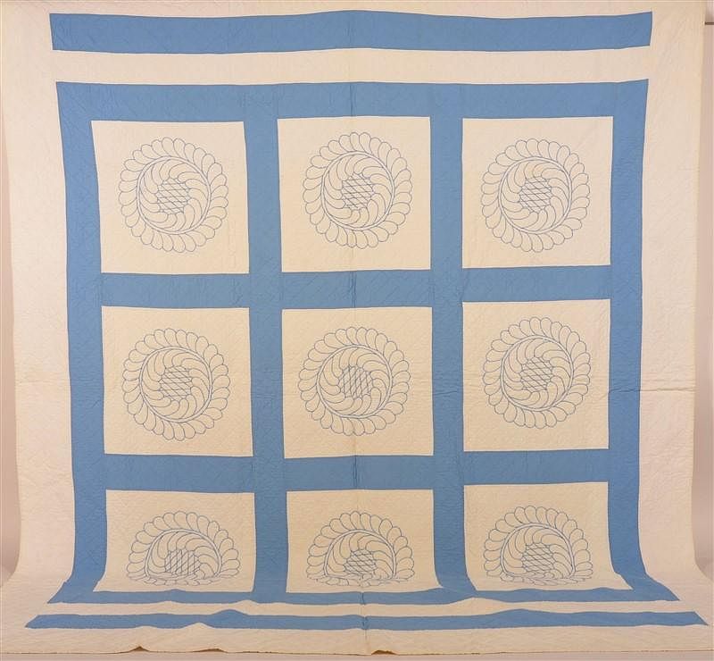 Appraisal: Antique Nine Block Plume Wreath Design Quilt Antique Blue and