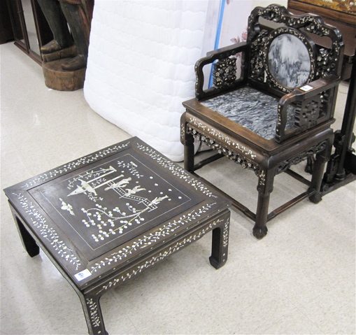 Appraisal: MOTHER-OF-PEARL INLAID ARMCHAIR AND LOW TABLE Chinese th century The