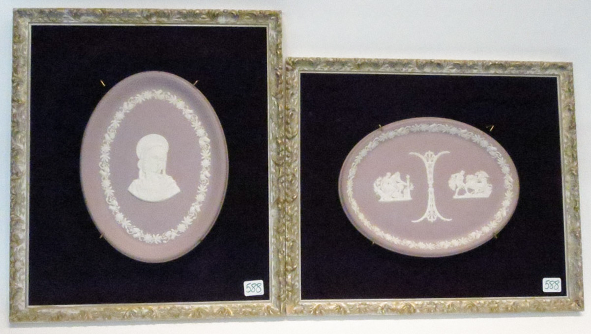 Appraisal: TWO FRAMED LAVENDER WEDGWOOD TRAYS each in Jasperware designs the