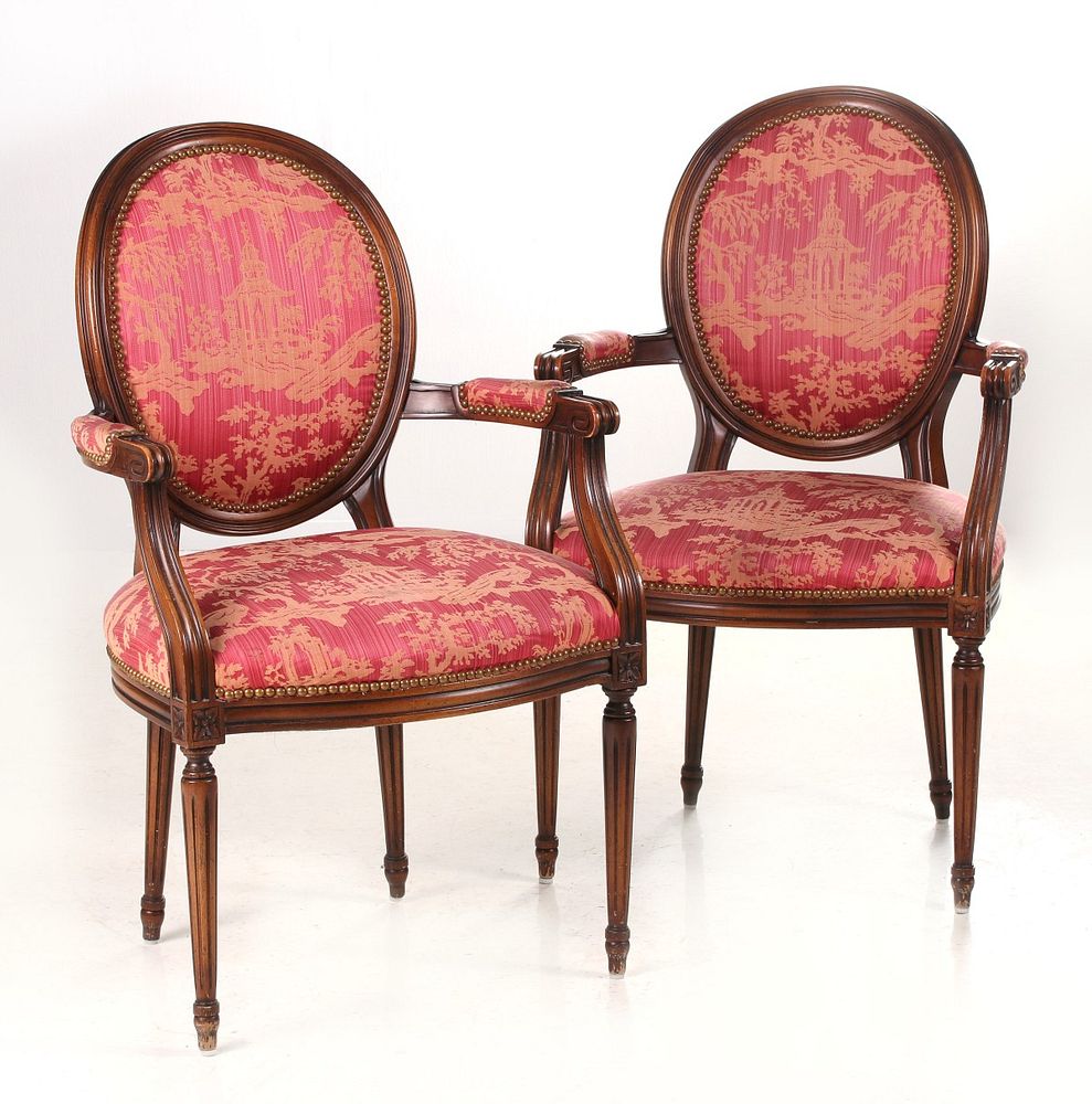 Appraisal: PAIR TH C LOUIS XVI STYLE FAUTEIL IN DAMASK COVERING