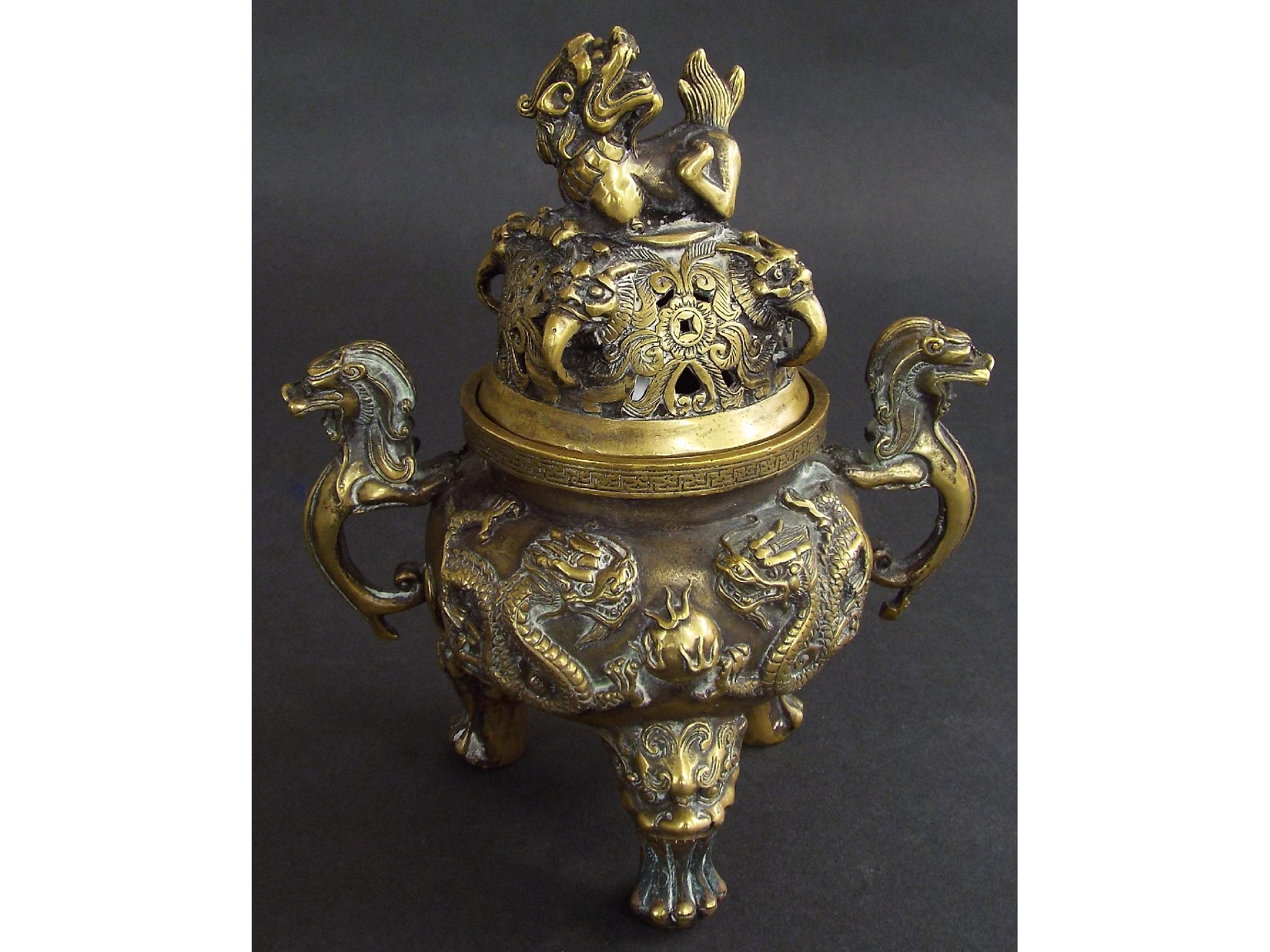 Appraisal: Good Chinese bronze twin handled censer the lid mounted with