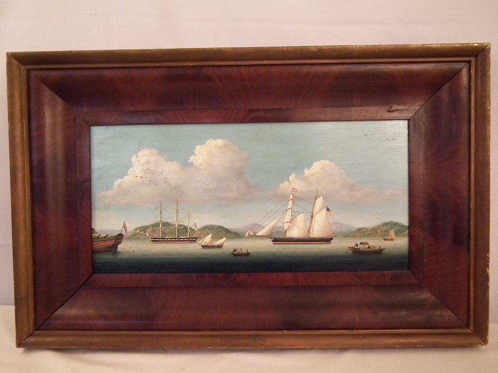 Appraisal: CHINA TRADE HARBOR PAINTING China Trade oil painting on wood