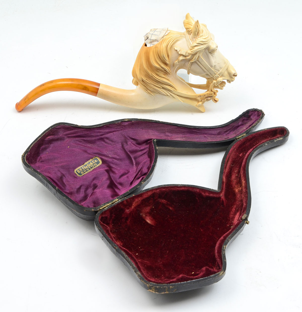 Appraisal: CASED MEERSCHAUM HORSEHEAD PIPE Large wonderfully detailed Meerschaum horse head