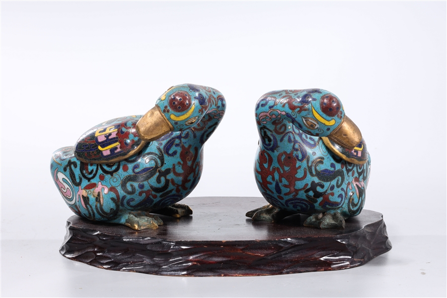 Appraisal: Pair of Chinese cloisonne enameled ducks with wood stand x