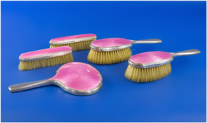 Appraisal: 's Five Piece Silver Dressing Table Set With pink enamel