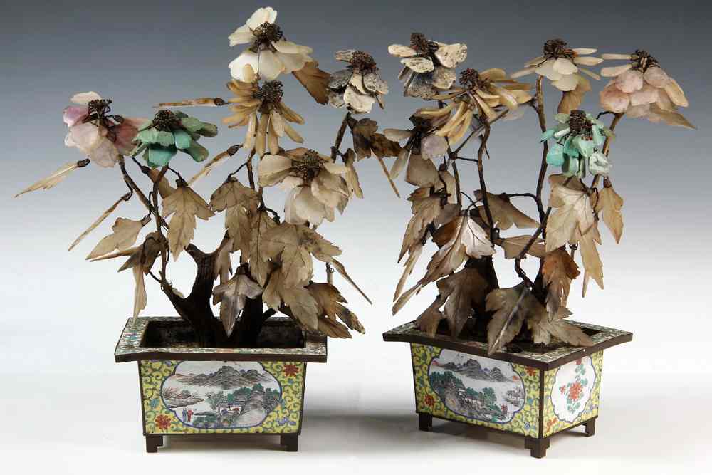 Appraisal: PAIR JADE TREES IN ENAMEL POTS - Late th c