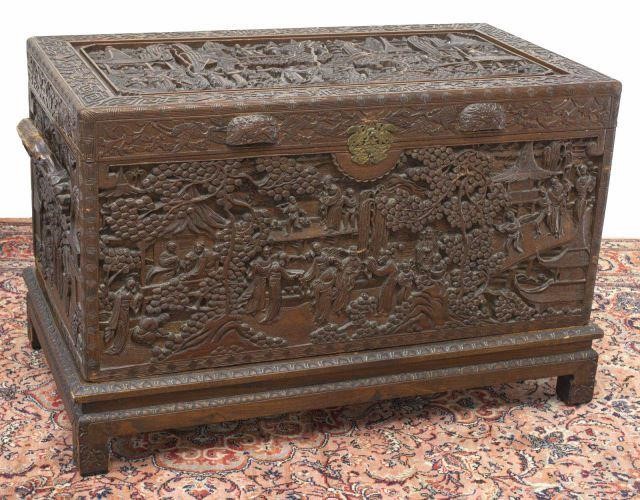 Appraisal: Chinese late Qing dynasty carved wood trunk on stand likely