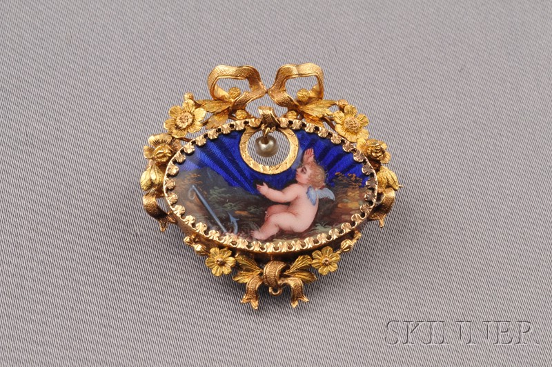 Appraisal: Antique kt Gold and Enamel Brooch France the enamel plaque