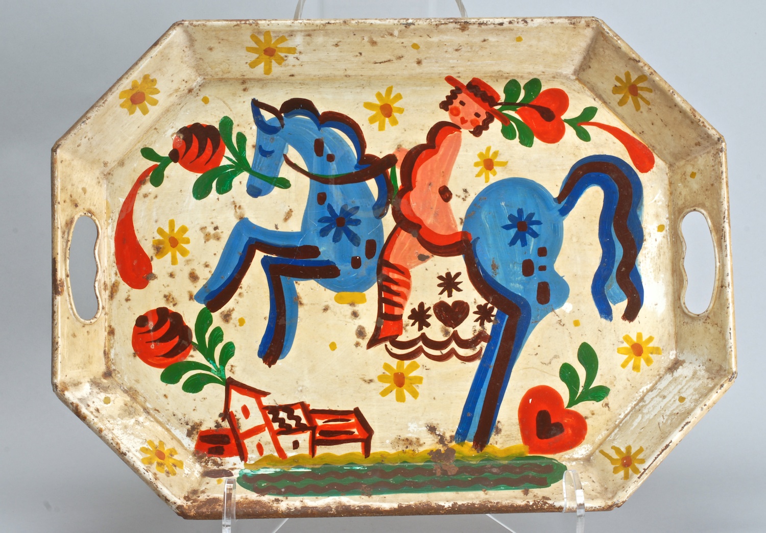 Appraisal: PETER HUNT-DECORATED TOLE TRAY depicting a woman on horseback Signed