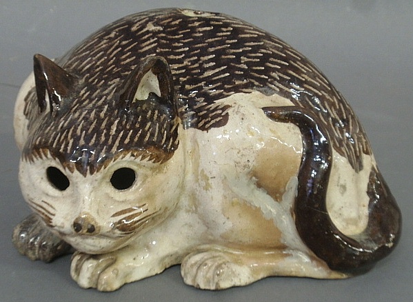 Appraisal: - Unusual Chinese glazed pottery crouching cat h x l