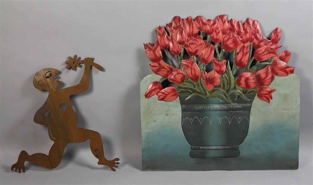 Appraisal: PAINTED AND EMBOSSED METAL FIREBOARD BOWL OF TULIPS ALONG WITH