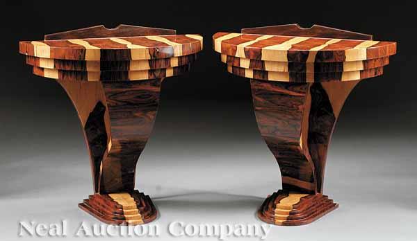 Appraisal: A Pair of Art Deco-Style Laminated Exotic Woods Demilune Consoles