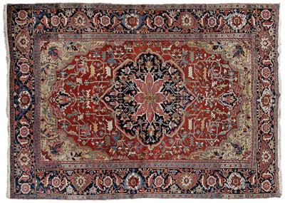 Appraisal: Heriz rug large central medallion on brick red ground pale