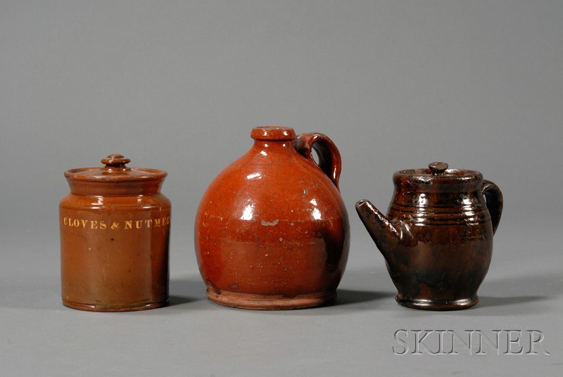 Appraisal: Three Redware Pottery Items America early th century a jug