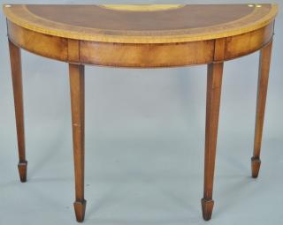 Appraisal: Mahogany banded inlaid demilune table ht in wd in Mahogany