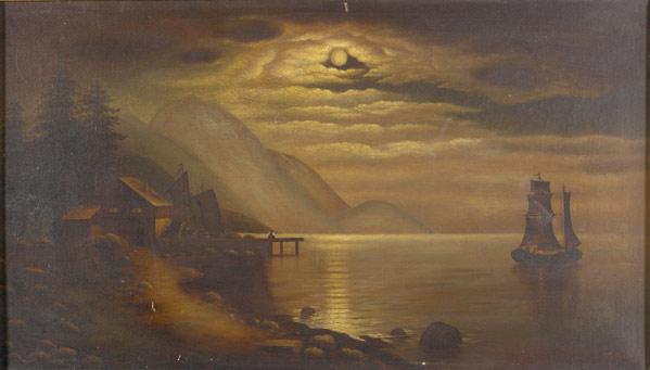 Appraisal: th C HUDSON RIVER SCHOOL Untitled Moonlit River Scene oil