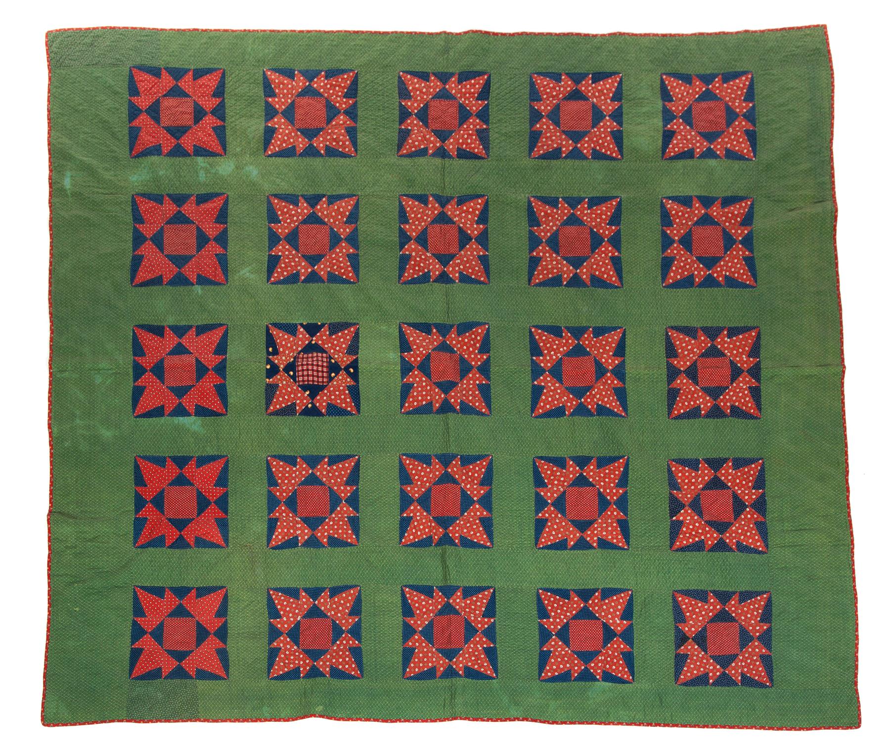 Appraisal: HANDMADE PIECEWORK QUILT WITH SQUARE AND STAR PATTERN VARIANT American