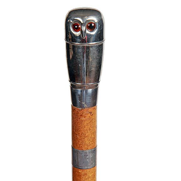 Appraisal: Silver Owl Tiplers Cane Ca - A compartment cane of