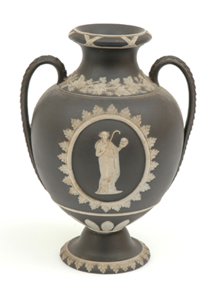 Appraisal: AN EARLY TH CENTURY WEDGEWOOD BLACK BASALT VASE Ovoid flanked