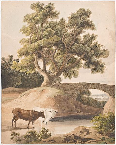 Appraisal: BRITISH PASTORAL WATERCOLOR depicting two heads of cattle by a