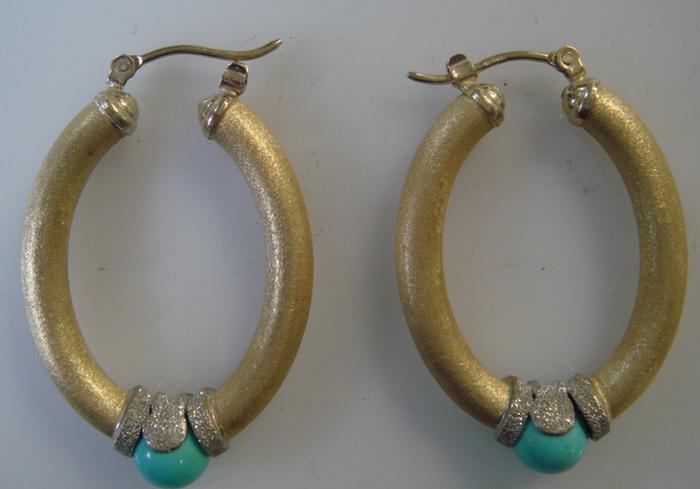 Appraisal: K yg wg Turquoise Hoop Earrings Oblong yg hoops with