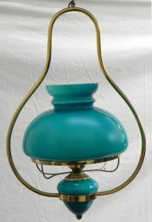 Appraisal: Cased Blue Opaline Glass and Brass Hanging Oil S Cased