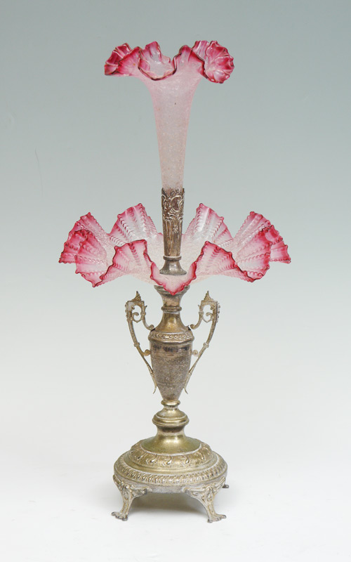 Appraisal: th C CRANBERRY OVERSHOT GLASS EPERGNE VASE Ruffle rim bowl