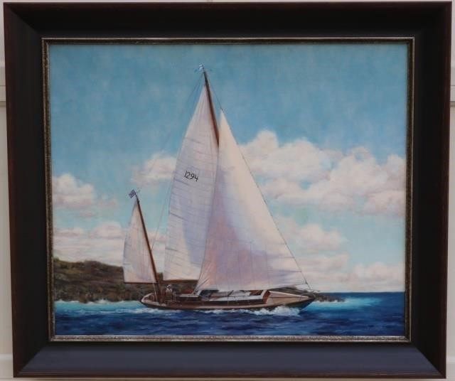 Appraisal: JEANNE CHAPMAN OIL PAINTING ON CANVAS SAILBOAT OFF ROCKY SHORE