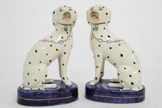 Appraisal: Pair of Staffordshire Porcelain Dalmatian Dogs Hand-painted figurines soft-paste porcelain