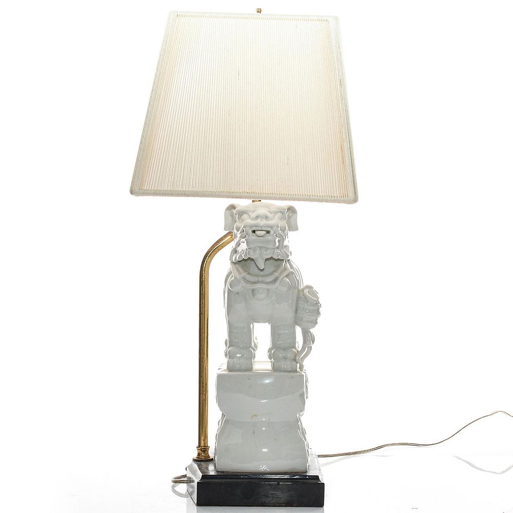 Appraisal: ALLEGORICAL CERAMIC CHINESE GUARDIAN LION SCULPTURAL LAMP Glazed white lustre