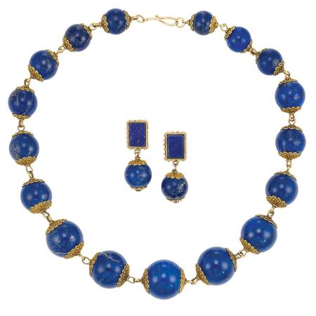 Appraisal: Antique Gold and Lapis Bead Necklace and Pair of Pendant-Earrings