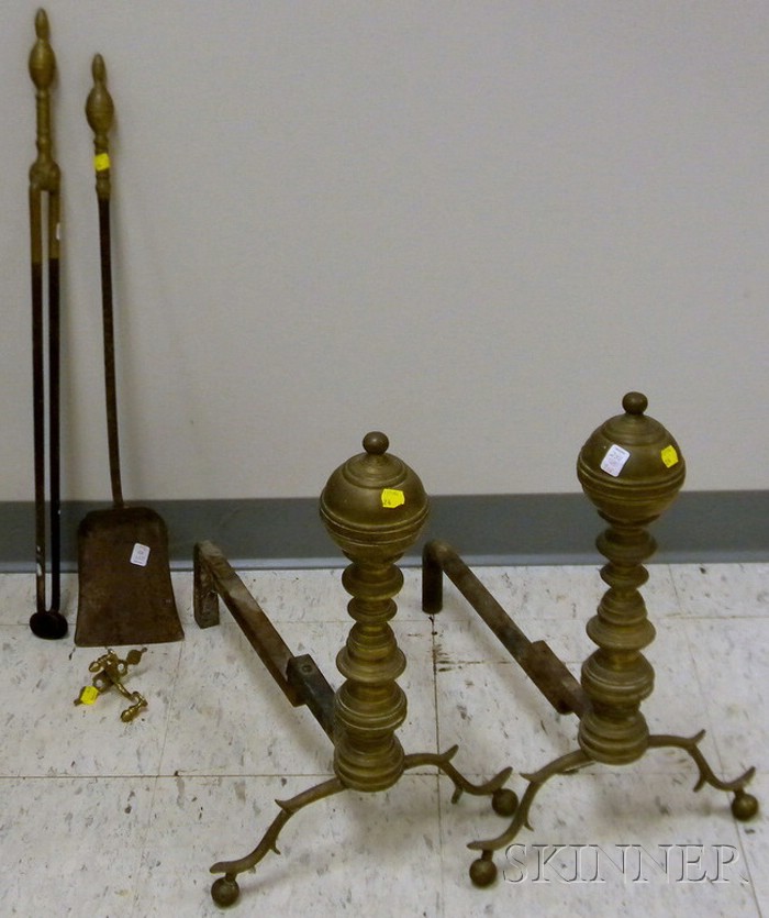 Appraisal: Pair of Classical Brass Ring-turned Andirons Lemon-top Brass Handled Hearth