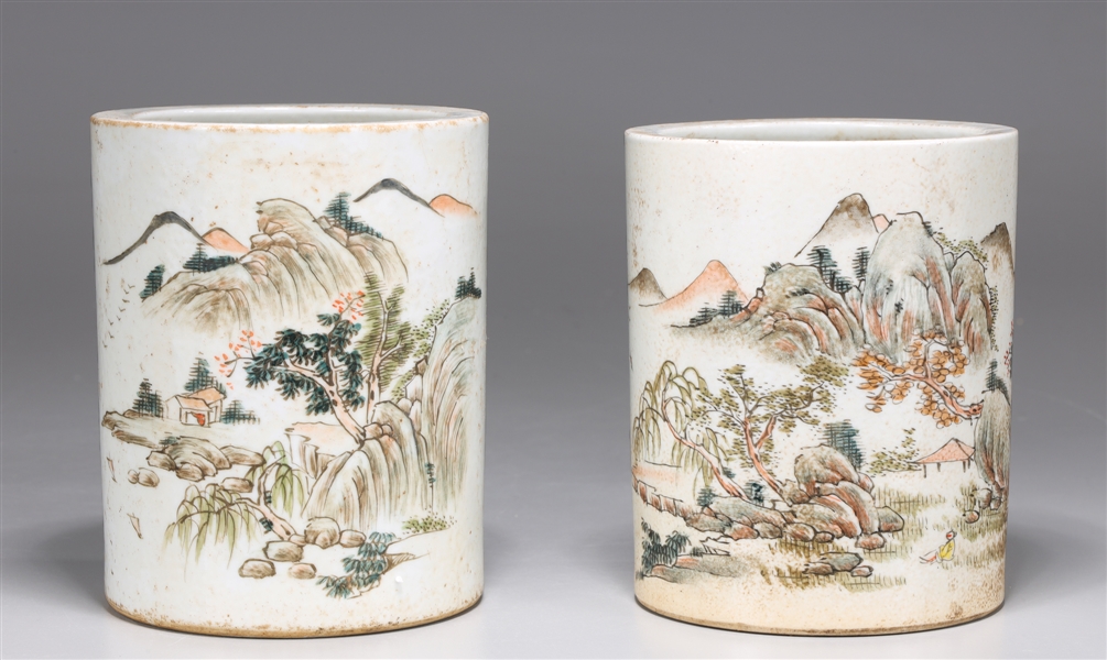 Appraisal: Two Chinese enameled porcelain brush pots each with landscape scenes