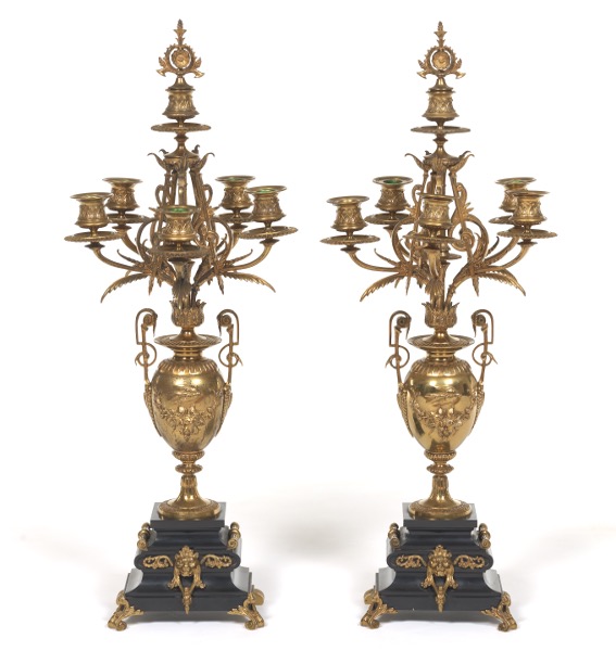 Appraisal: PAIR OF AESTHETIC MOVEMENT GILT METAL AND BLACK SLATE CANDELABRA