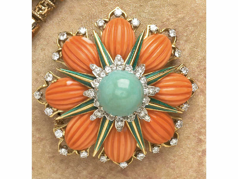 Appraisal: CORAL TURQUOISE AND DIAMOND BROOCH k yellow gold clip brooch