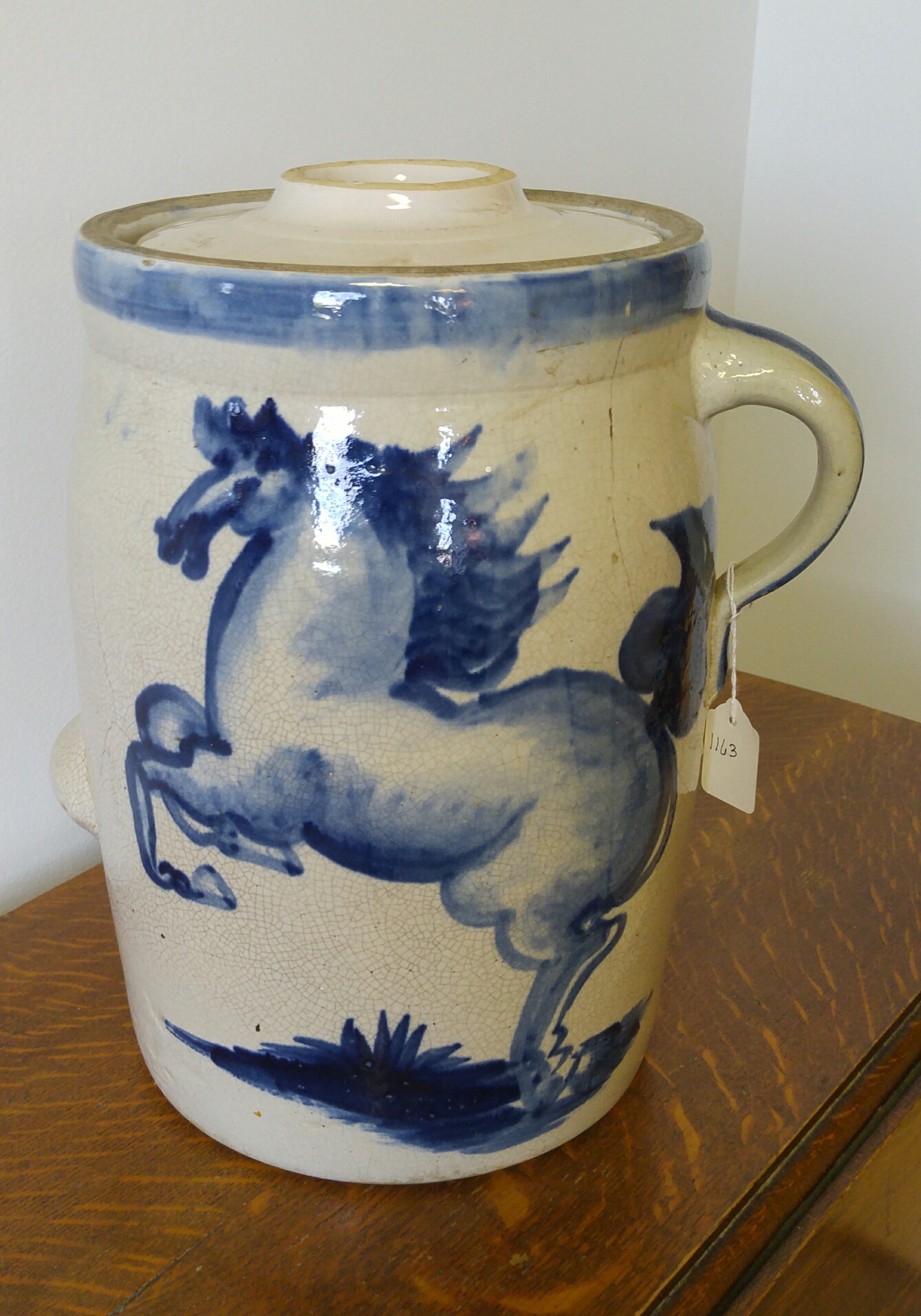 Appraisal: STONEWARE CHURN BASE WITH COBALT HORSE DECORATION American late th-early