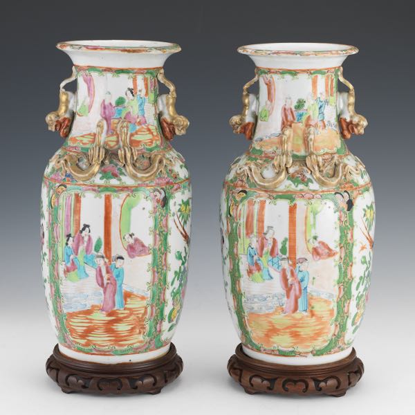 Appraisal: PAIR OF CHINESE EXPORT PORCELAIN ROSE MEDALLION VASES ON WOODEN