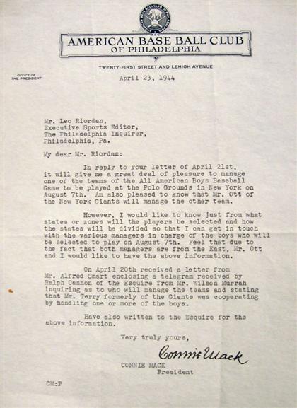 Appraisal: piece Typed Letter Signed Mack Connie Philadelphia April p to