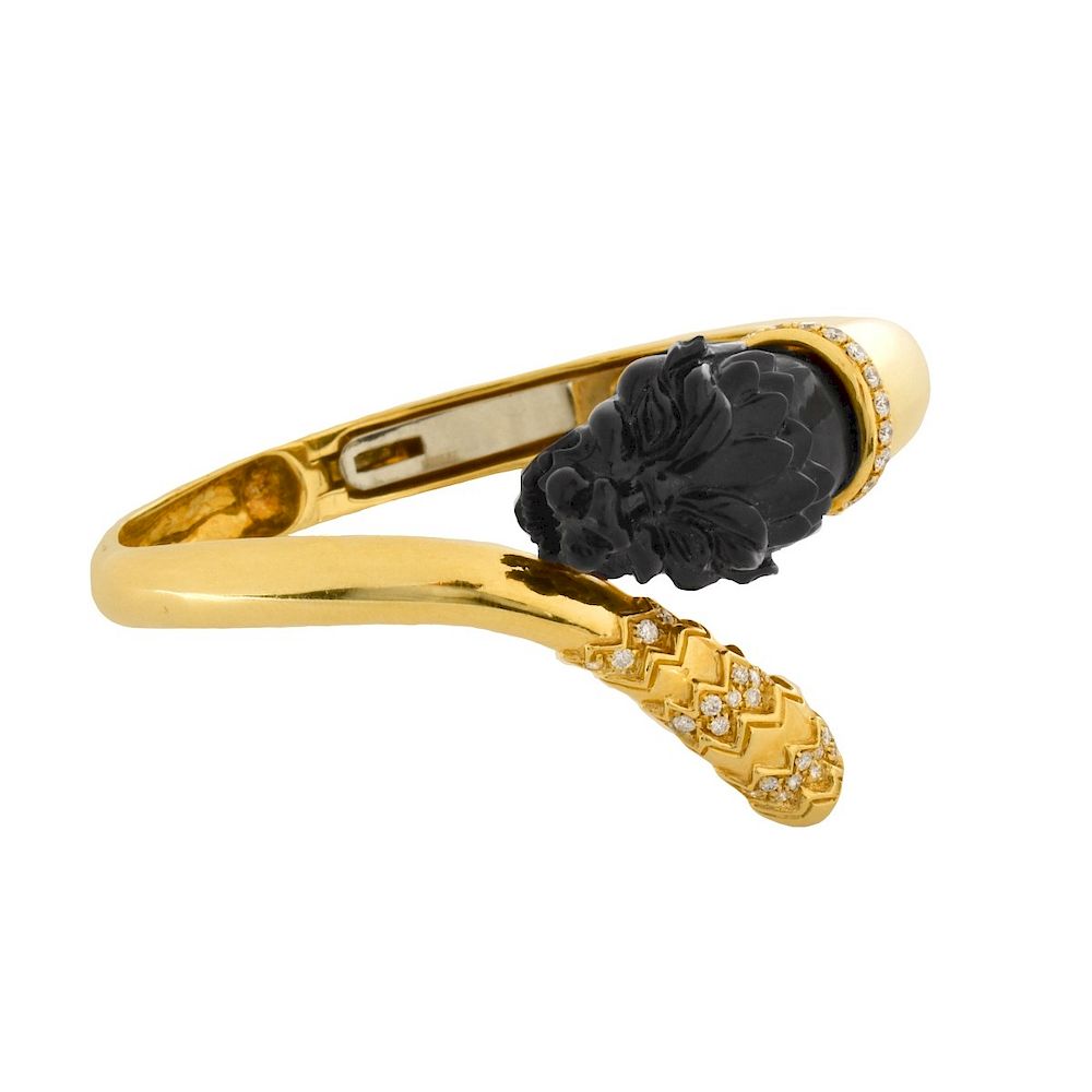 Appraisal: Italian K Gold Diamond and Ebony Bangle Vintage Italian Salavetti