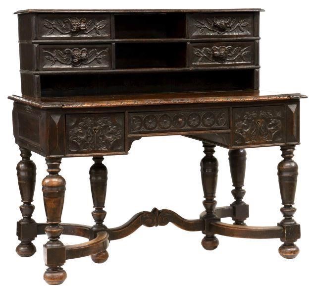 Appraisal: French Henri II style oak writing desk th c superstructure