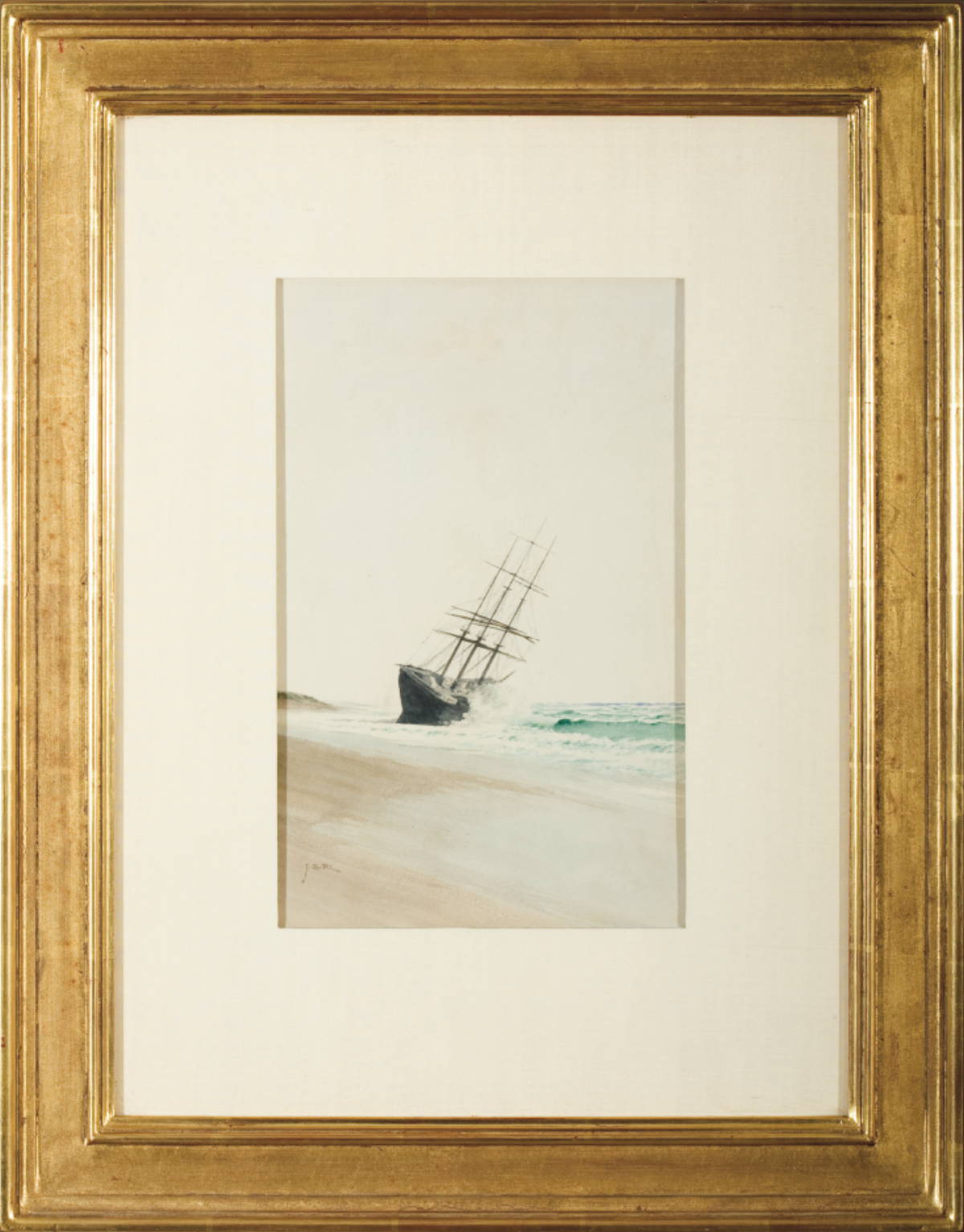 Appraisal: JANE BREWSTER REID AMERICAN - BEACHED THREE-MASTED SHIP Watercolor on