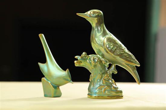 Appraisal: TWO PIECES OF ZSOLNAY FIgures of birds perched on branches