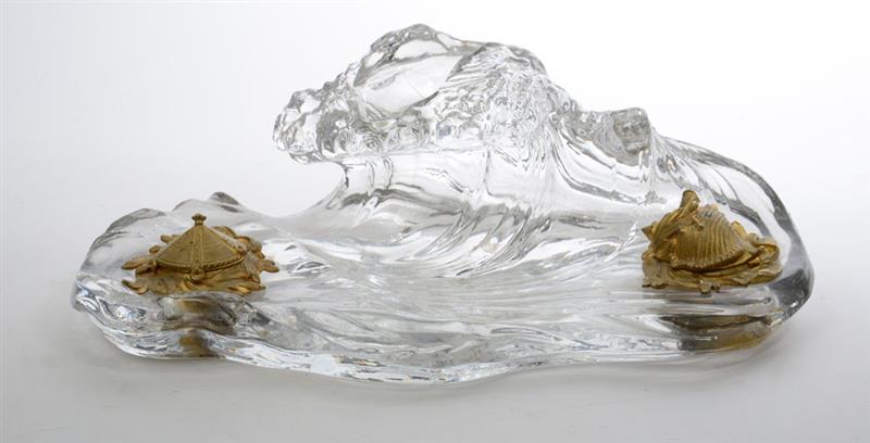 Appraisal: FRENCH GILT-METAL-MOUNTED MOLDED GLASS WAVE-FORM INKSTAND The curled wave surface