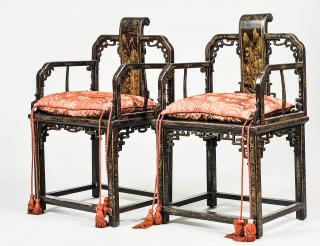 Appraisal: FINE PAIR OF GILT DECOR BLACK LACQUERED ARM CHAIRS Chinese