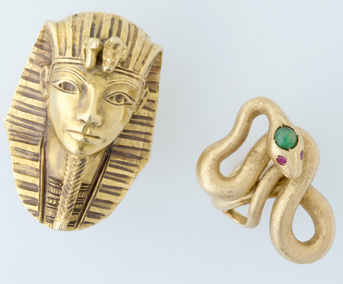 Appraisal: Two sculptural k yg rings in the Egyptian style pharaoh