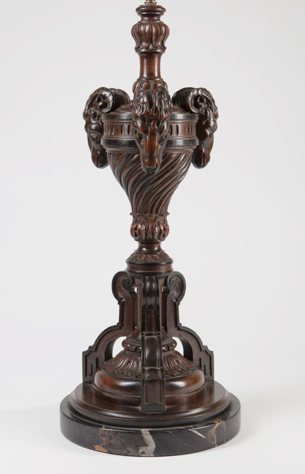 Appraisal: Continental Carved Walnut Lamp th c sprial reeded urn with