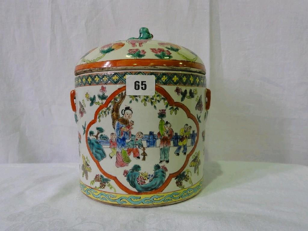 Appraisal: An oriental cylindrical pot and cover with polychrome painted butterfly